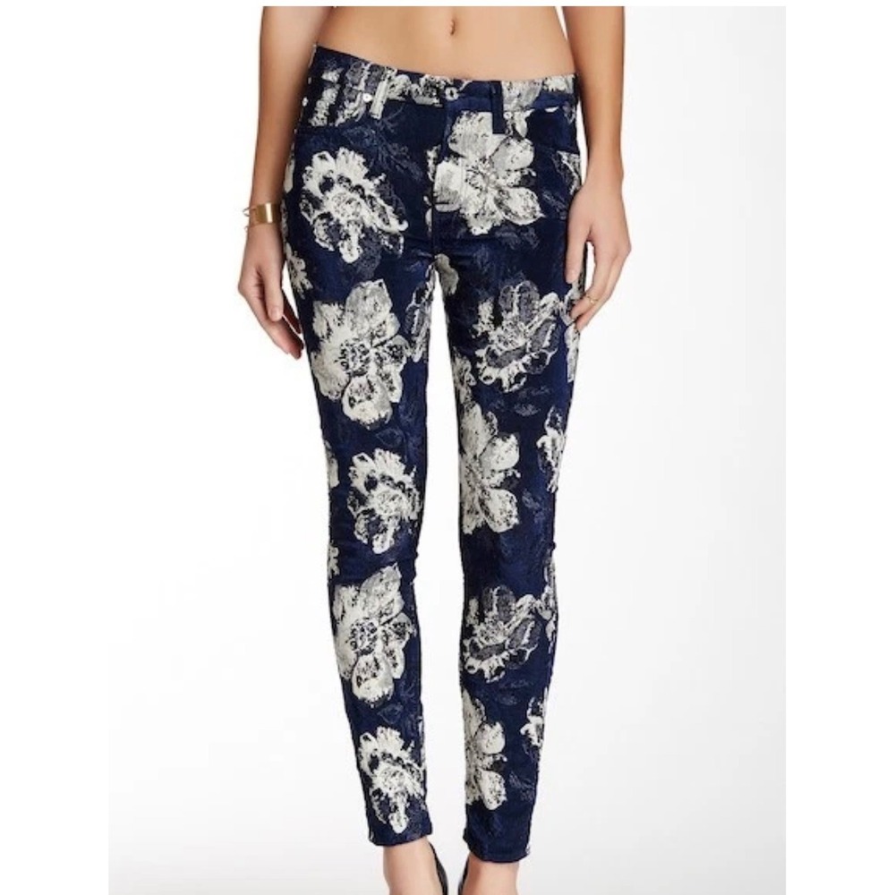 7 For All Mankind Floral Jacquard Brocade Skinny Pants Womens 32 Blue White